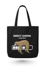 Black canvas tote bag with a sloth "Energy Loading" graphic – funny accessory to pair with a black cotton bengali food t-shirt