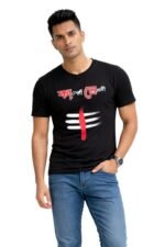 Man wearing a black cotton t-shirt with the Bengali phrase Kaler Likhoni and a red Mahakal graphic
