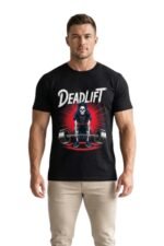 Man wearing a black cotton t-shirt with a bold red and white Deadlift Lift Heavy gym motivation graphic