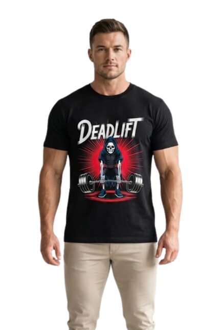Man wearing a black cotton t-shirt with a bold red and white Deadlift Lift Heavy gym motivation graphic