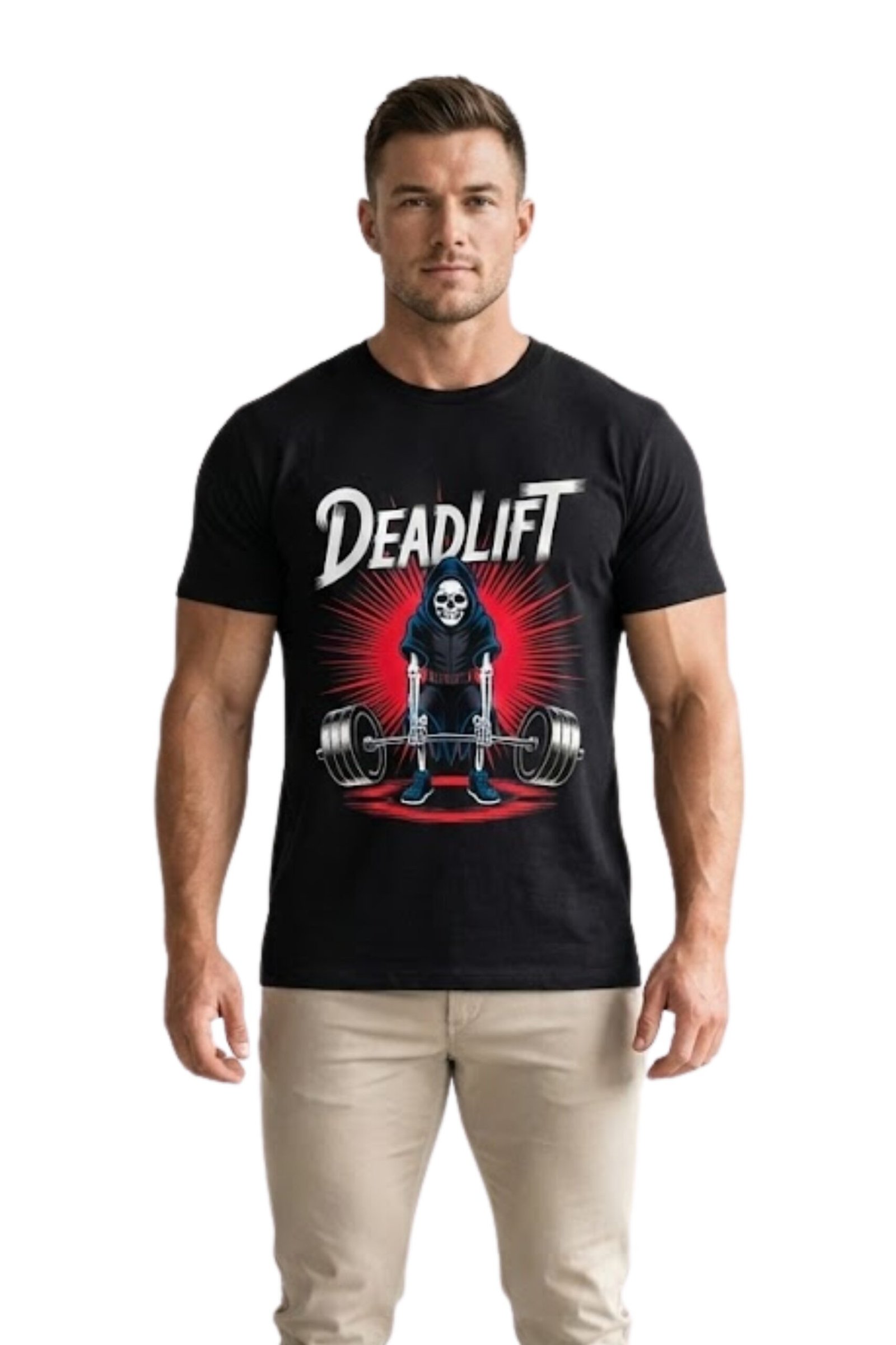 deadlift-lift-heavy-gym-motivation-black-tshirt-main Man wearing a black cotton t-shirt with a bold red and white Deadlift Lift Heavy gym motivation graphic