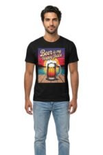 Man wearing a black cotton t-shirt featuring a funny Beer is My Happy Juice graphic and a beer mug