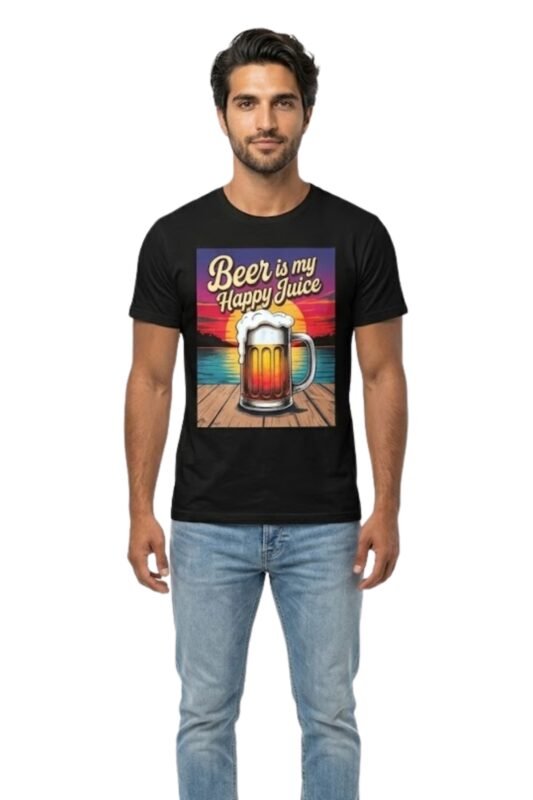 Man wearing a black cotton t-shirt featuring a funny Beer is My Happy Juice graphic and a beer mug