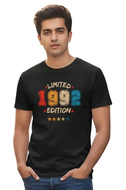 Man wearing a black cotton t-shirt featuring a retro Limited Edition 1992 graphic