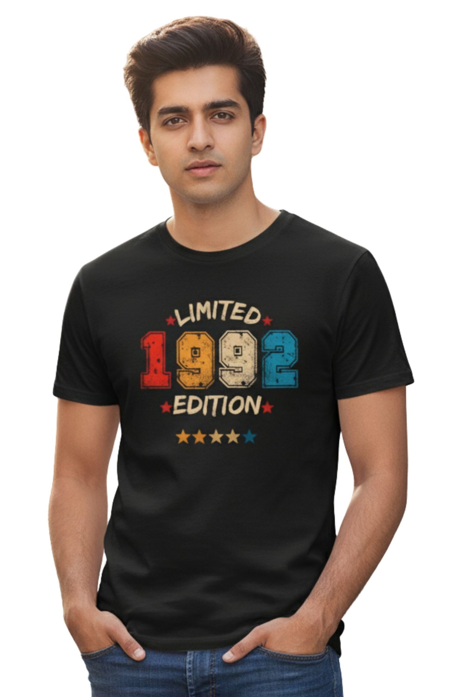 limited-edition-1992-retro-graphic-black-tshirt-main Man wearing a black cotton t-shirt featuring a retro Limited Edition 1992 graphic