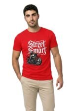 Man wearing a vibrant red "Street Smart" t-shirt with a super bike graphic