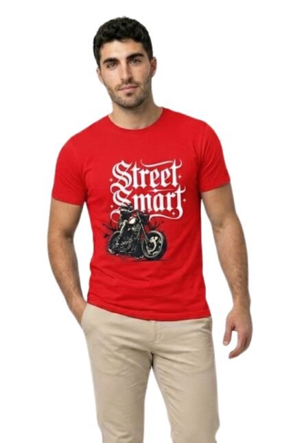 Man wearing a vibrant red "Street Smart" t-shirt with a super bike graphic