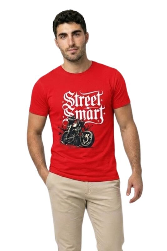 Man wearing a vibrant red "Street Smart" t-shirt with a super bike graphic