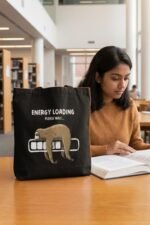 Energy Loading Sloth Tote Bag | Funny Introvert Black Canvas Shopper - Image 4