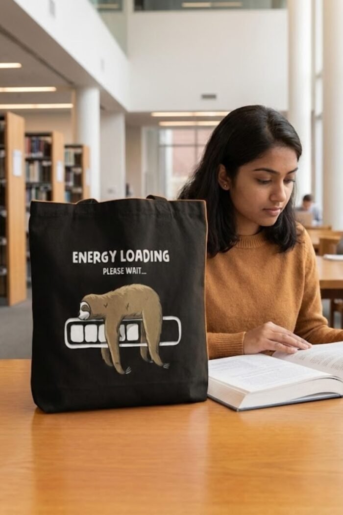Energy Loading Sloth Tote Bag | Funny Introvert Black Canvas Shopper - Image 4