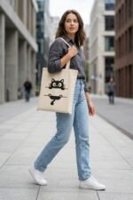 Lifestyle shot of a woman with a minimalist cat canvas tote bag – perfect accessory for a classic black 100% cotton t-shirt