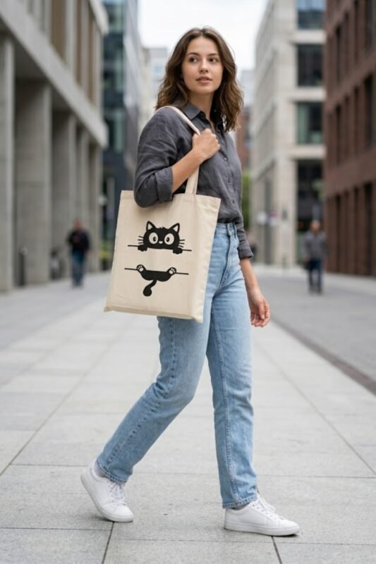 Home Fashion-color 106 Lifestyle shot of a woman with a minimalist cat canvas tote bag – perfect accessory for a classic black 100% cotton t-shirt