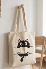 Cute Black Cat Print Beige Cotton Tote Bag for Women & Girls - Image 6