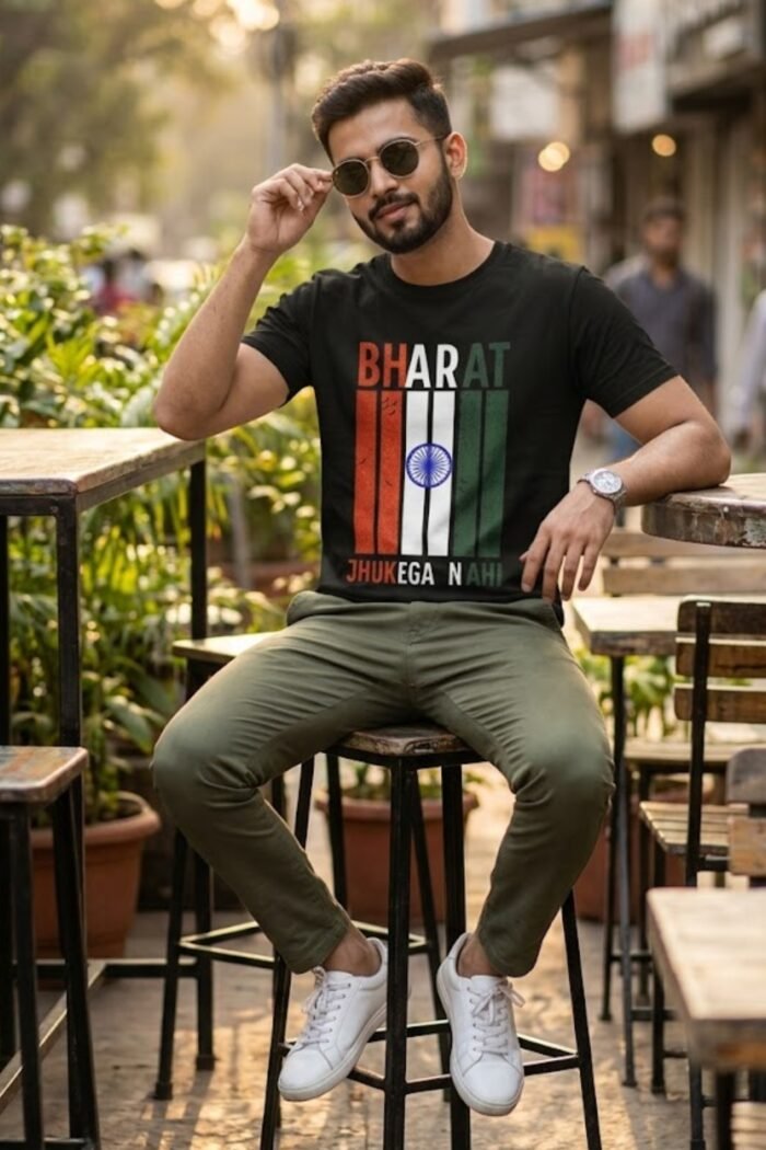 Main product photo for the Bharat Jhukega Nahi patriotic t-shirt. This pure cotton black tee showcases a striking Indian flag graphic alongside the powerful Hindi quote, perfect for national celebrations and everyday wear.