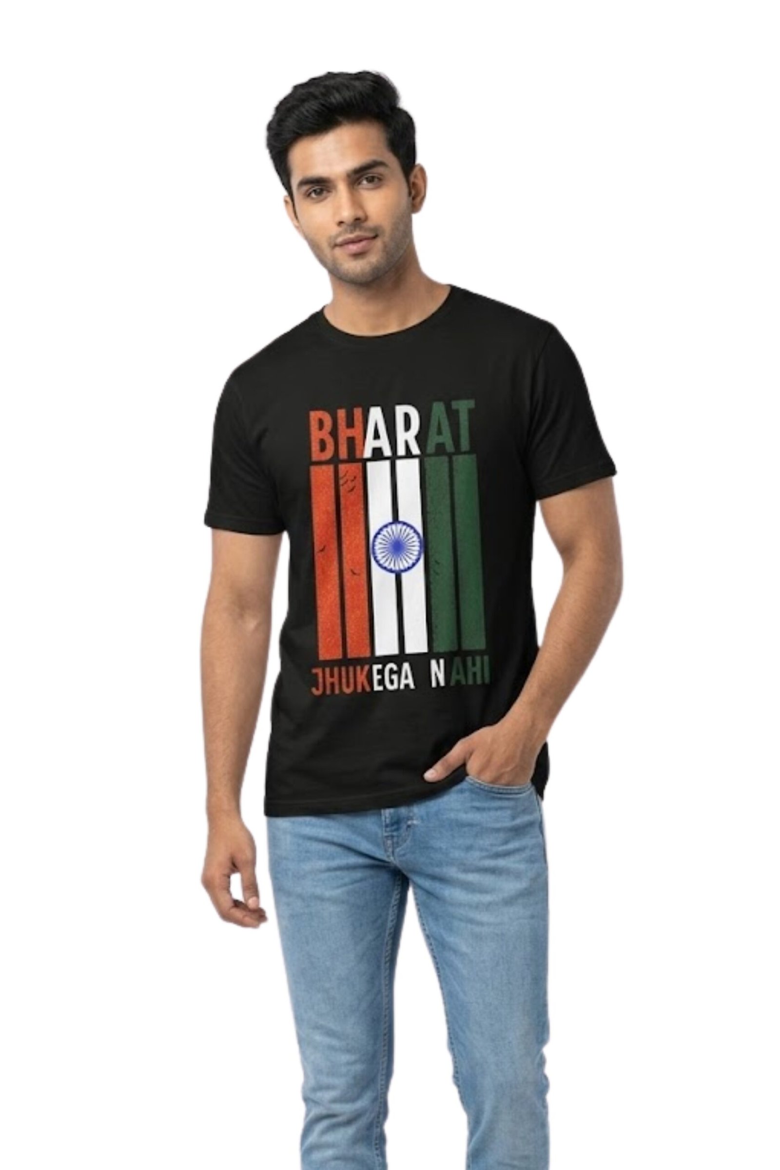 bharat-jhukega-nahi-indian-flag-graphic-black-tshirt-main Man wearing a black cotton t-shirt featuring the Hindi quote Bharat Jhukega Nahi and an Indian flag graphic