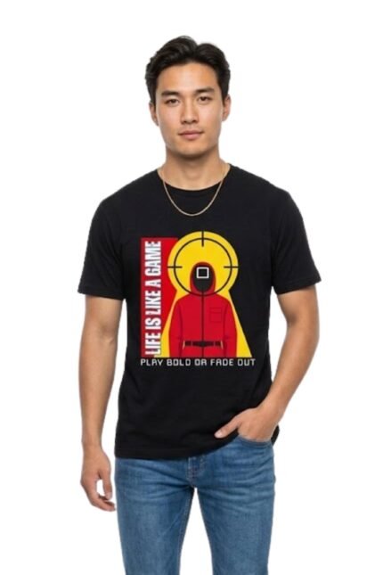 Man wearing a black cotton t-shirt with a Squid Game inspired graphic and the quote Life is like a game Play bold or fade out