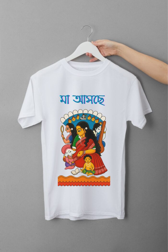 "মা আসছে" (Ma Asche) White 100% Cotton T-Shirt | Pattachitra Folk Art & Durga Puja Tee - Image 3