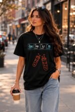 Woman standing outdoors wearing a black cotton t-shirt featuring the word Genius and a periodic table science graphic