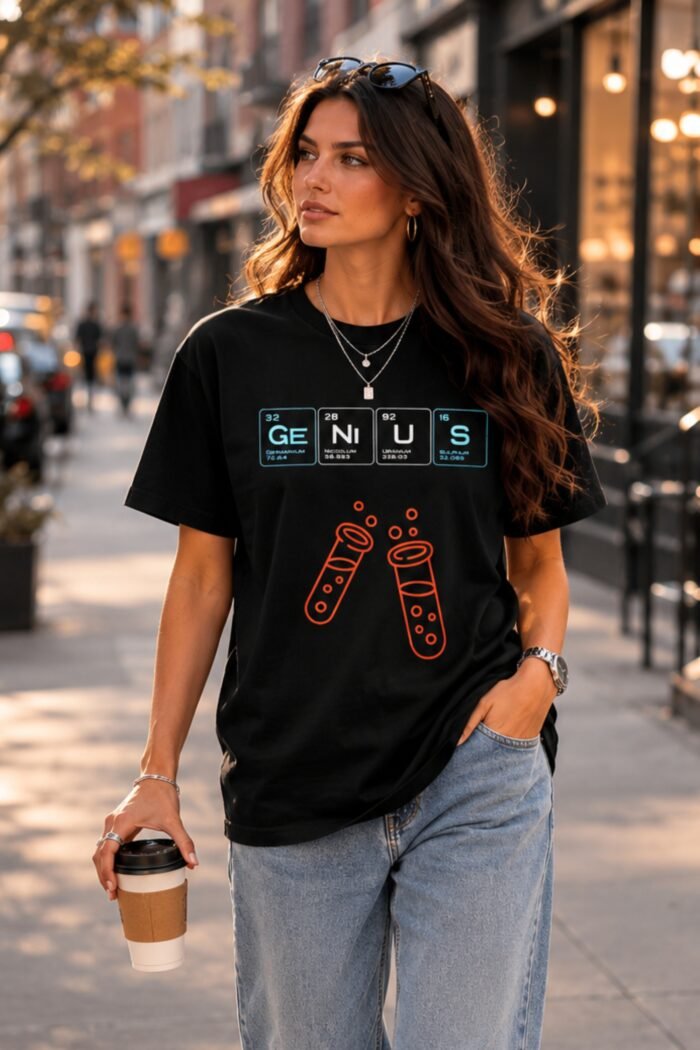 Woman standing outdoors wearing a black cotton t-shirt featuring the word Genius and a periodic table science graphic