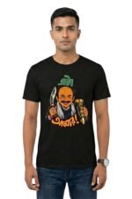 Man wearing a black Satyajit Ray t-shirt featuring Jatayu and the Eta Amar graphic