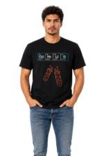 Man wearing a black cotton t-shirt featuring the word Genius and a periodic table science graphic