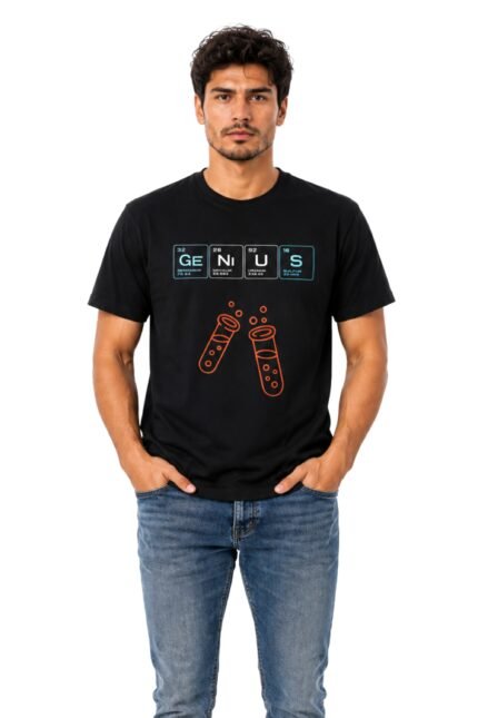 Man wearing a black cotton t-shirt featuring the word Genius and a periodic table science graphic