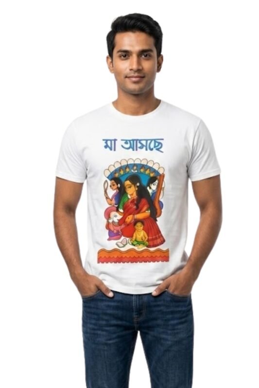 White cotton t-shirt with "মা আসছে" Bengali text and Pattachitra folk art – traditional festive wear for Durga Puja