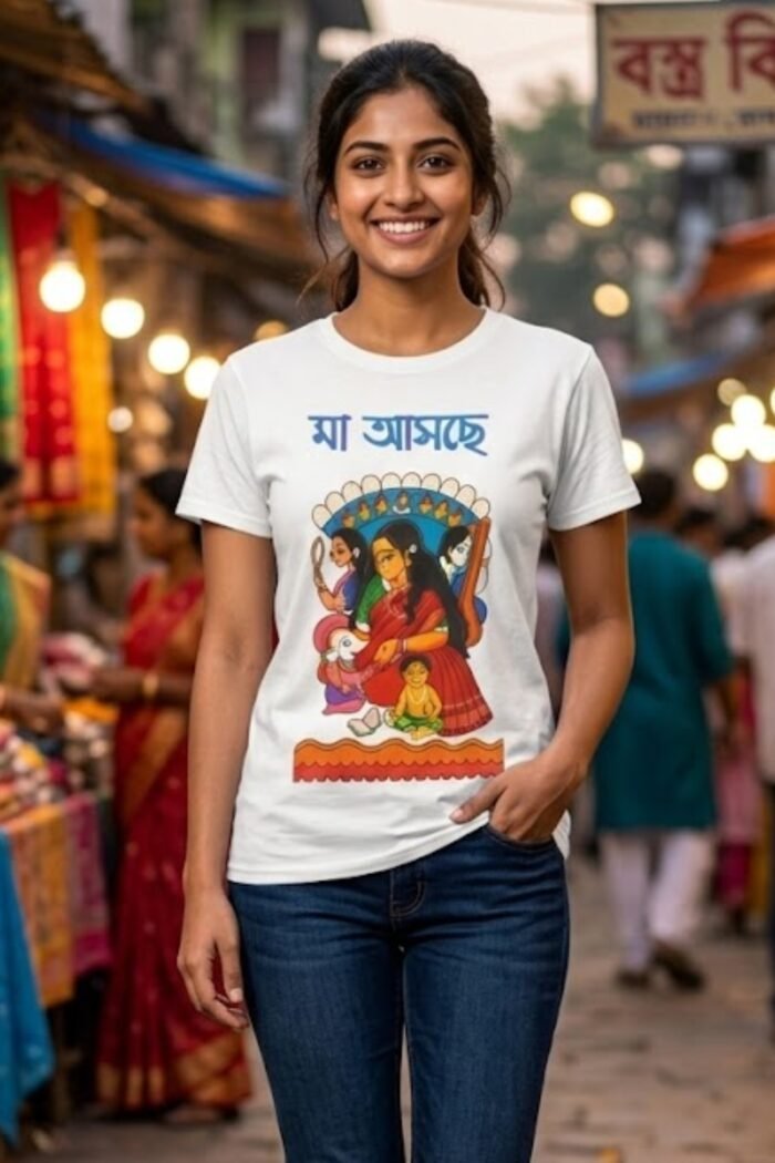 "মা আসছে" (Ma Asche) White 100% Cotton T-Shirt | Pattachitra Folk Art & Durga Puja Tee - Image 5