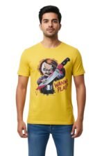 Men's yellow cotton graphic t-shirt with "Your Turn Wanna Play" horror character design – vibrant alternative to a black t shirt mens outfit