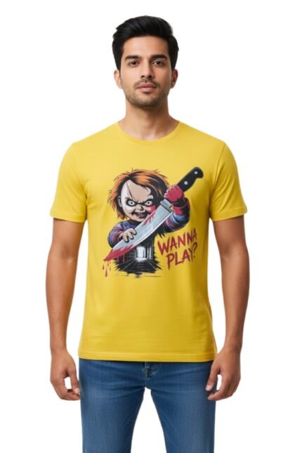 Men's yellow cotton graphic t-shirt with "Your Turn Wanna Play" horror character design – vibrant alternative to a black t shirt mens outfit