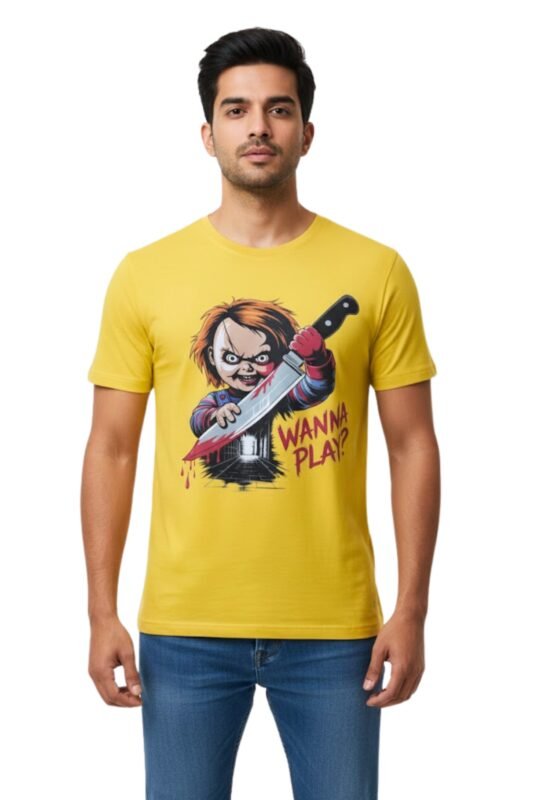 Men's yellow cotton graphic t-shirt with "Your Turn Wanna Play" horror character design – vibrant alternative to a black t shirt mens outfit