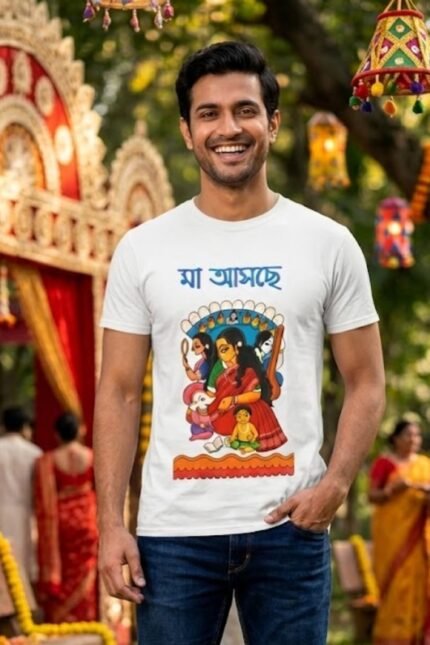 Male model in a white "মা আসছে" t-shirt featuring traditional Pattachitra Durga art – festive Bengali streetwear for Durga Puja