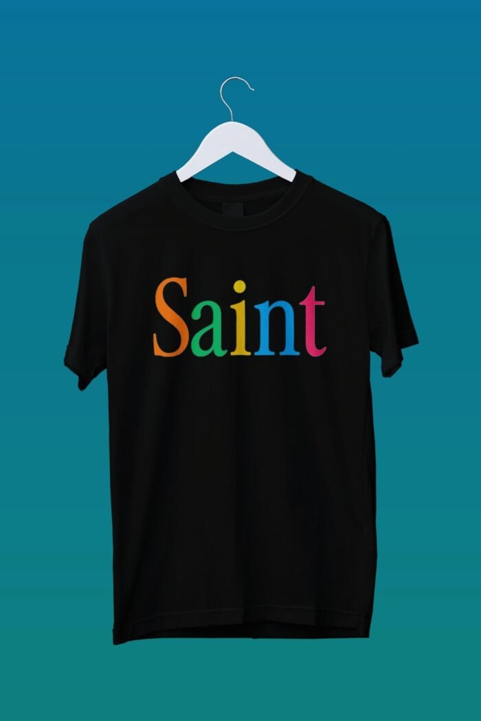 "Saint" Black T-Shirt | Rainbow Typography Graphic | 100% Cotton Unisex Tee - Image 1