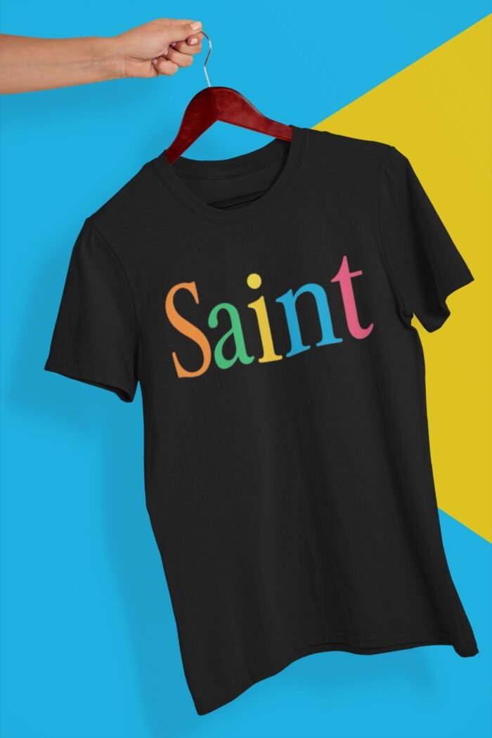 "Saint" Black T-Shirt | Rainbow Typography Graphic | 100% Cotton Unisex Tee - Image 3