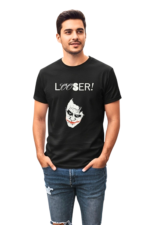 Men's black cotton t-shirt with Batman-Joker face graphic and Looser graffiti text – edgy joker looser t-shirt outfit
