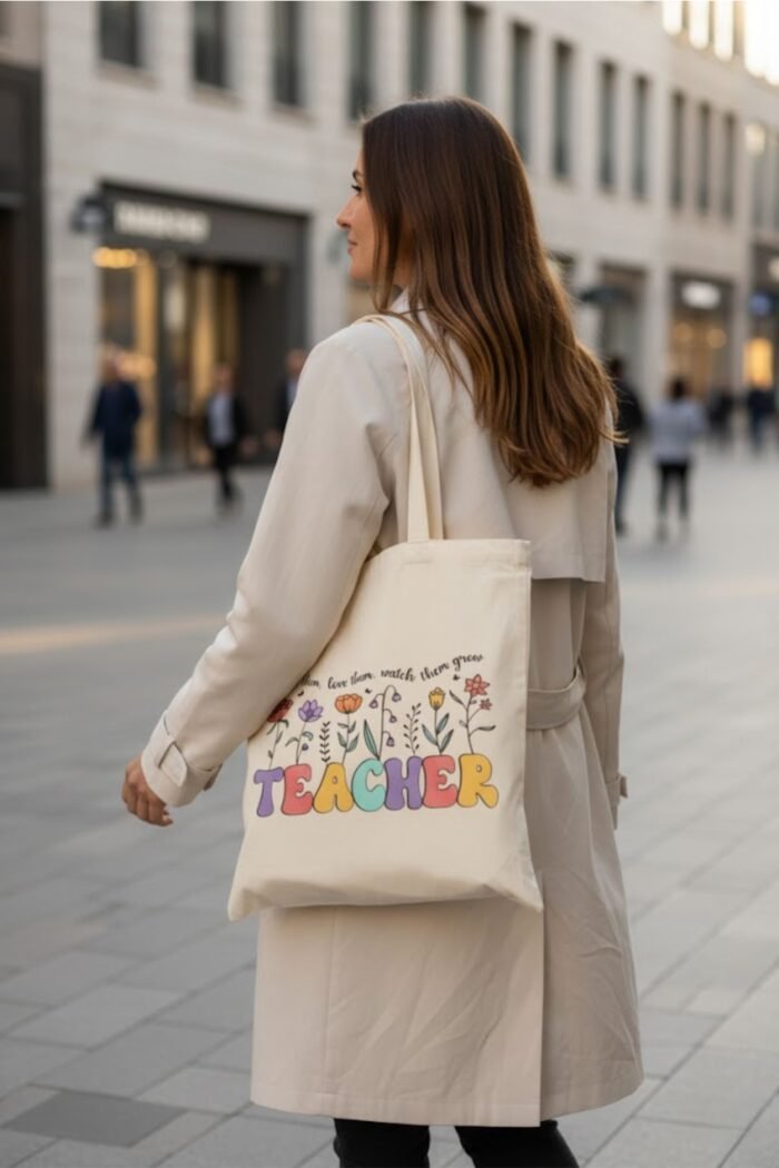 Teach Love Grow Aesthetic Tote Bag for Educators | Beige Reusable Bag - Image 5