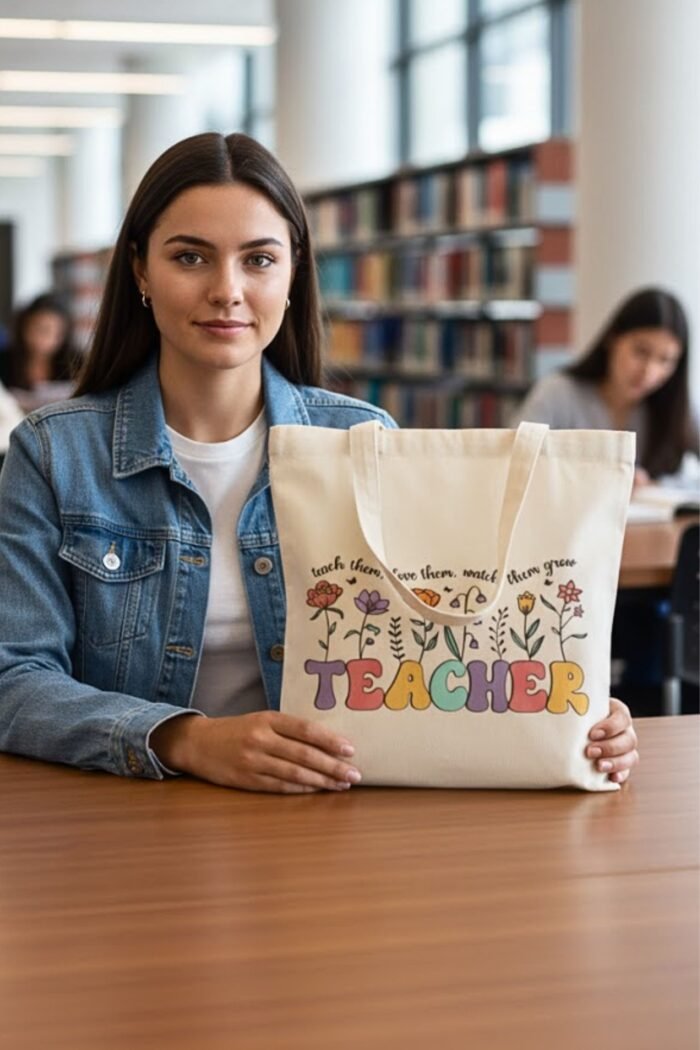 Teach Love Grow Aesthetic Tote Bag for Educators | Beige Reusable Bag - Image 4