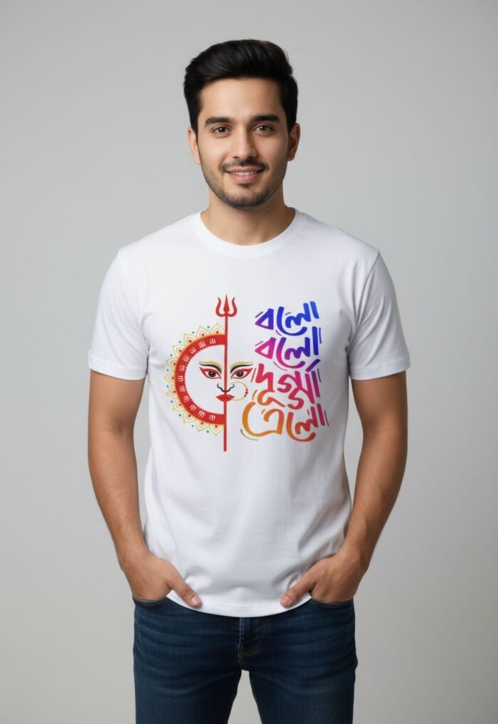 Durga Puja Special White Cotton T-Shirt | "Bolo Bolo Dugga Elo" Bengali Quote - Image 5