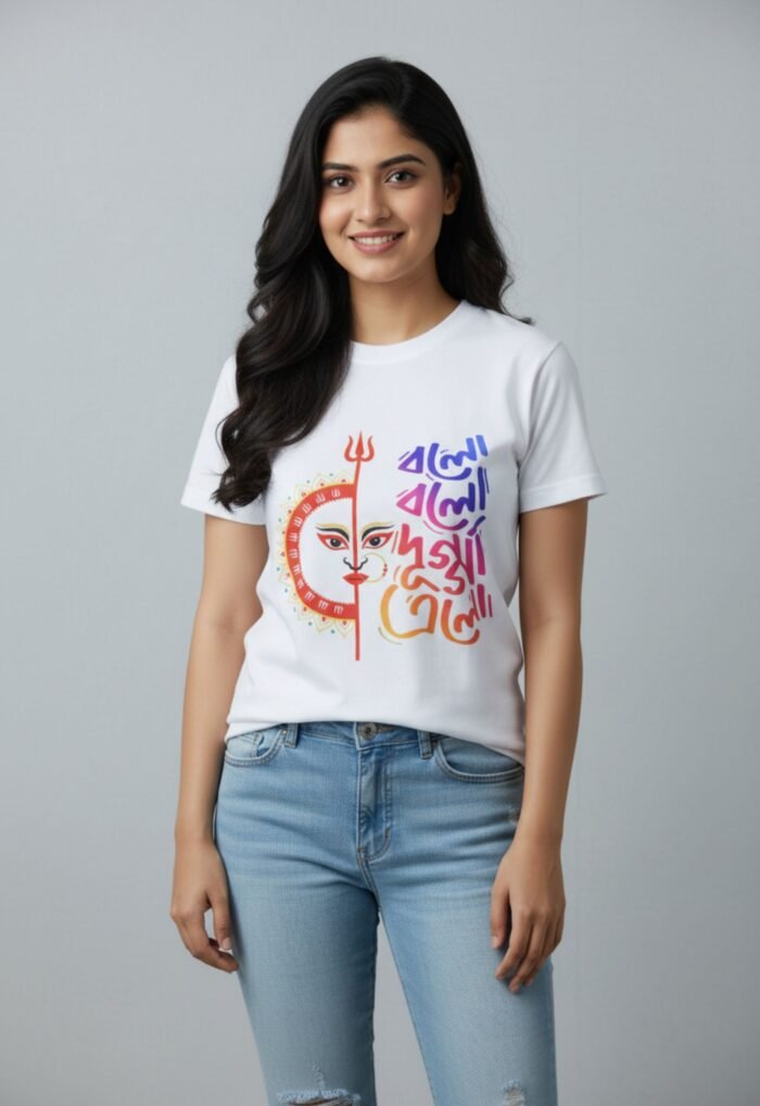 Durga Puja Special White Cotton T-Shirt | "Bolo Bolo Dugga Elo" Bengali Quote - Image 4