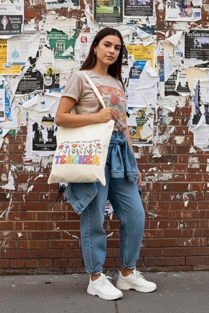 Woman carrying a natural cream floral teacher canvas tote bag outdoors – inspirational gift paired with a motivational t-shirt style