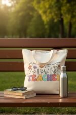 Teach Love Grow Aesthetic Tote Bag for Educators | Beige Reusable Bag - Image 2