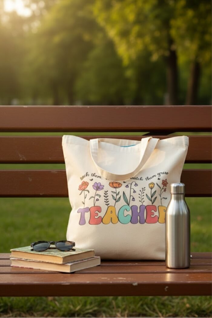 Teach Love Grow Aesthetic Tote Bag for Educators | Beige Reusable Bag - Image 2