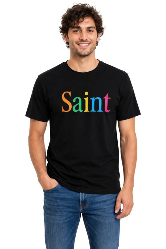 Man wearing the Saint black t-shirt featuring a colorful rainbow typography graphic