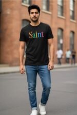 "Saint" Black T-Shirt | Rainbow Typography Graphic | 100% Cotton Unisex Tee - Image 2