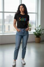 "Saint" Black T-Shirt | Rainbow Typography Graphic | 100% Cotton Unisex Tee - Image 4