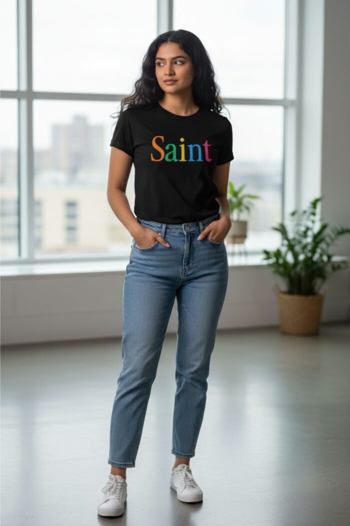 "Saint" Black T-Shirt | Rainbow Typography Graphic | 100% Cotton Unisex Tee - Image 4