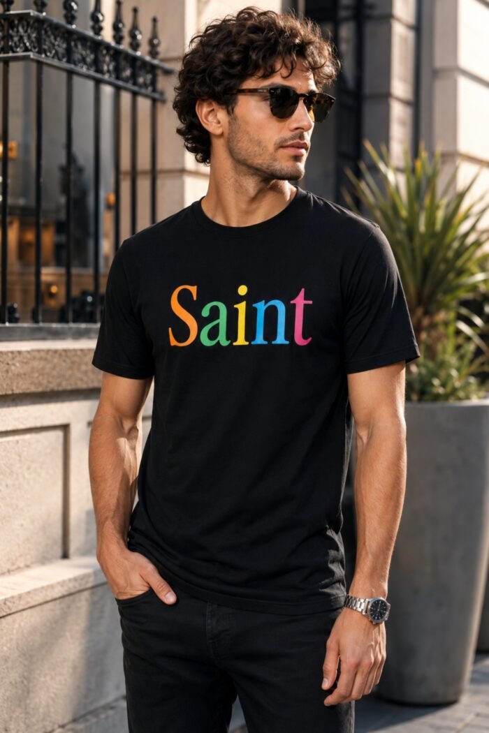 Male model wearing the Saint black t-shirt with rainbow typography graphic – premium cotton unisex streetwear lifestyle shot