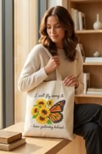 Natural cream canvas tote bag with sunflower and butterfly graphic – stylish motivational gift for hustle culture enthusiasts