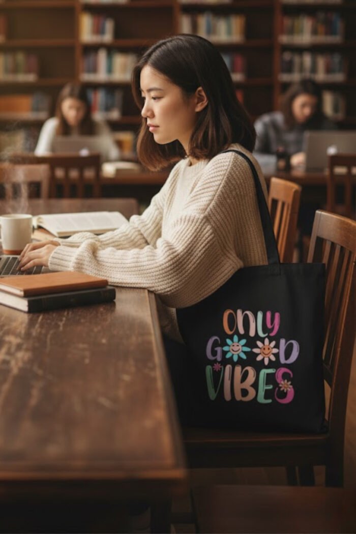 Black Canvas Tote | Cute Aesthetic “Only Good Vibes” Design for Daily Use - Image 5