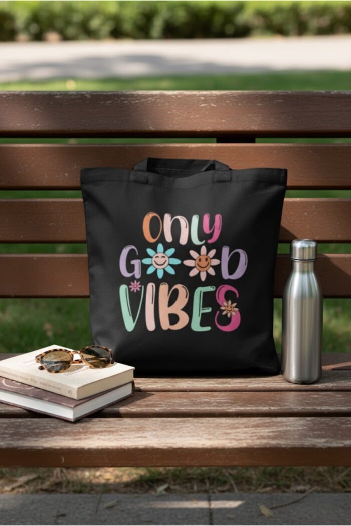 Black Canvas Tote | Cute Aesthetic “Only Good Vibes” Design for Daily Use - Image 3